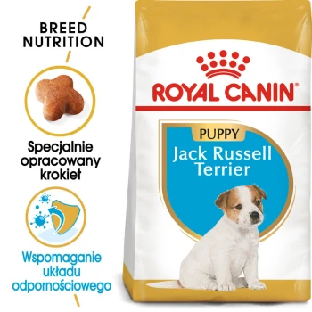 Torba z karmą dla szczeniąt Royal Canin Jack Russell Terrier z wizerunkiem małego psa, z tekstem podkreślającym odżywianie rasy i wsparcie immunologiczne.