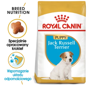 Torba z karmą dla szczeniąt Royal Canin Jack Russell Terrier z wizerunkiem małego psa, z tekstem podkreślającym odżywianie rasy i wsparcie immunologiczne.