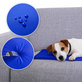 Ein kleiner Hund ruht auf einer blauen wasserdichten Haustiermatte auf einem grauen Sofa, mit Nahaufnahmen, die Wasserperlen und eine Gabel zeigen, die in die Matte drückt.