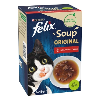 Boîte d'aliments pour chats Purina Felix « Soup Original » avec un chat noir et blanc, un bol de bouillon de viande, étiquette « 2x au bœuf, poulet, à l'agneau »