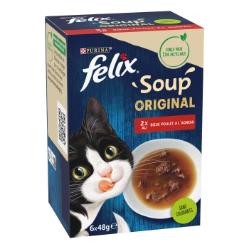 Boîte d'aliments pour chats Purina Felix « Soup Original » avec un chat noir et blanc, un bol de bouillon de viande, étiquette « 2x au bœuf, poulet, à l'agneau »