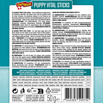Rückseite der DeliBest PUPPY VITAL STICKS-Packung mit mehrsprachigen Zutatenangaben, Analyse-Tabelle, Barcode und 50 g