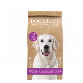 Sac en papier brun de nourriture sèche pour chien DOG'S LOVE pour adultes, avec de l'agneau comme ingrédient principal, avec une étiquette violette et du texte en plusieurs langues.