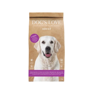 Brązowa papierowa torba z suchą karmą dla psów DOG'S LOVE dla dorosłych, z jagnięciną jako głównym składnikiem, z fioletową etykietą i tekstem w wielu językach.