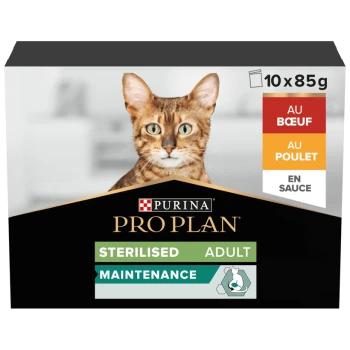 Paquet de nourriture pour chat Purina Pro Plan présentant un chat tigré à l'avant, étiqueté "Sterilised Adult Maintenance," avec des saveurs de bœuf et de poulet.