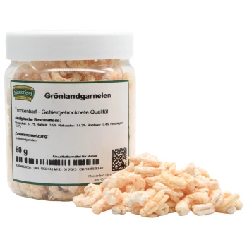 Trockenbarf Grönlandgarnelen 150 g Gefriergetrocknete Garnelen in einem klaren Glas mit der Aufschrift "Grönlandgarnelen" und Nährwertangaben, 60g Nettogewicht, geeignet für Hunde.