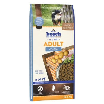 Bosch Adult Hundefutterbeutel, 15 kg, mit Fisch- und Kartoffelzutaten, mit Nährwertangaben: 21,5% Protein, 10,5% Fett.