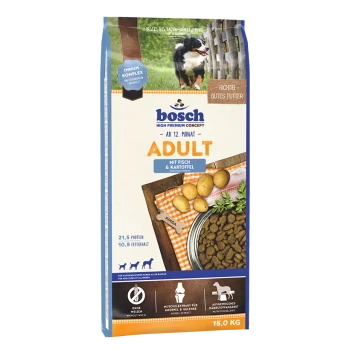 Bosch Adult Hundefutterbeutel, 15 kg, mit Fisch- und Kartoffelzutaten, mit Nährwertangaben: 21,5% Protein, 10,5% Fett.