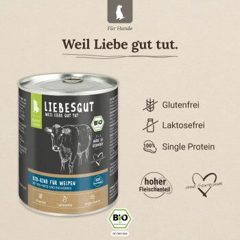 Liebesgut Hundefutterdose (Bio-Rind für Welpen) mit Kuhbild und 'Weil Liebe gut tut.' Kennzeichnungen: Glutenfrei, Laktosefrei.