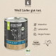 Liebesgut Hundefutterdose (Bio-Rind für Welpen) mit Kuhbild und 'Weil Liebe gut tut.' Kennzeichnungen: Glutenfrei, Laktosefrei.