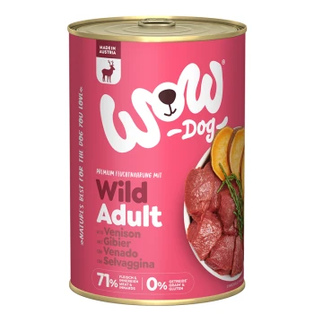 Dose WOW-Dog Wild Adult Hundefutter mit Wildfleisch, mit einem rosa Etikett, das '71% Fleisch & Innereien, 0% Getreide & Gluten' angibt.