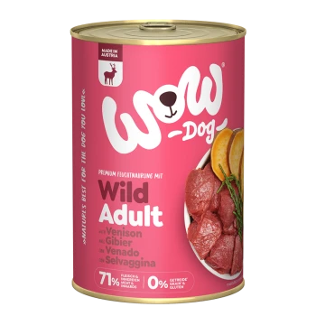 Dose WOW-Dog Wild Adult Hundefutter mit Wildfleisch, mit einem rosa Etikett, das '71% Fleisch & Innereien, 0% Getreide & Gluten' angibt.
