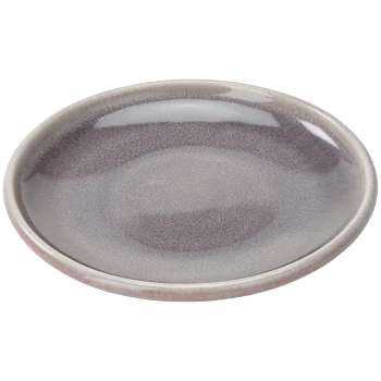 Gamelle peu profonde en céramique gris brillant moucheté avec bord arrondi sur fond transparent.