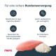 Haustierfutteranzeige mit rohem Fleisch und Reis, die Vorteile für empfindliche Hunde und Gelenkunterstützung bewirbt. Mera-Logo enthalten.