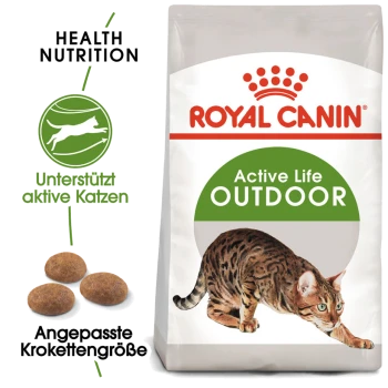 Royal Canin Active Life Outdoor Katzenfutterbeutel mit einer Illustration einer Bengal-Katze, mit Text, der die gesunde Ernährung und die angepasste Futtergröße hervorhebt.