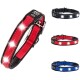 LED-Haustierhalsbänder in Rot, Schwarz und Blau, mit hellen Lichtern für Sichtbarkeit, mit einem Logo und einem Einschaltknopf auf jedem Halsband.