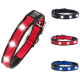 LED-Haustierhalsbänder in Rot, Schwarz und Blau, mit hellen Lichtern für Sichtbarkeit, mit einem Logo und einem Einschaltknopf auf jedem Halsband.