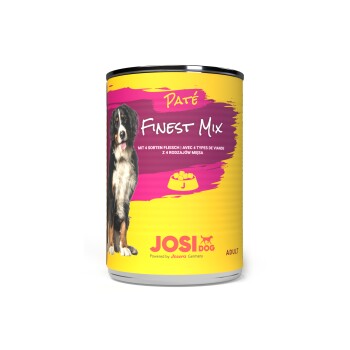 Dose JOSI DOG Finest Mix Paté für erwachsene Hunde, mit einem Berner Sennenhund auf dem Etikett, mit Text in mehreren Sprachen.