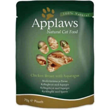 Applaws Naturkatzenfutterbeutel mit Hähnchenbrust und Spargel, 70g, mit grünem Hintergrund und Pfotenabdruckdesign.