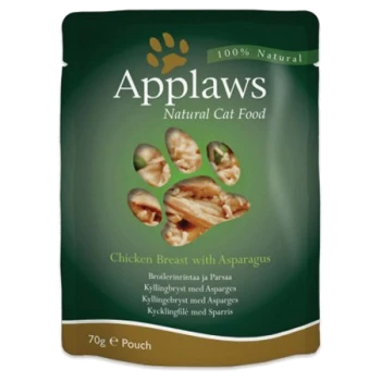 Applaws Naturkatzenfutterbeutel mit Hähnchenbrust und Spargel, 70g, mit grünem Hintergrund und Pfotenabdruckdesign.