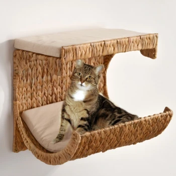 Eine getigerte Katze, die auf einem gewebten, wandmontierten Katzenbett mit einem weichen Kissen liegt, und ein gemütliches und stilvolles Haustierzubehör zeigt.