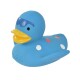 Blue rubber duck toy with a yellow beak and colorful polka dots, ideal for pet playtime.