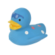 Blue rubber duck toy with a yellow beak and colorful polka dots, ideal for pet playtime.
