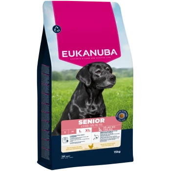 Eukanuba Senior Hundefutterbeutel für große Rassen 25-40 kg, reich an frischem Huhn, 15 kg, mit Bild eines schwarzen Labradors.