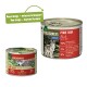 Zwei Dosen "Wilderness Pure Beef" Hundefutter für Erwachsene, mit einem Wolfbild und dem Hinweis auf 95% Rindfleisch in der größeren Dose.