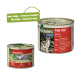 Zwei Dosen "Wilderness Pure Beef" Hundefutter für Erwachsene, mit einem Wolfbild und dem Hinweis auf 95% Rindfleisch in der größeren Dose.