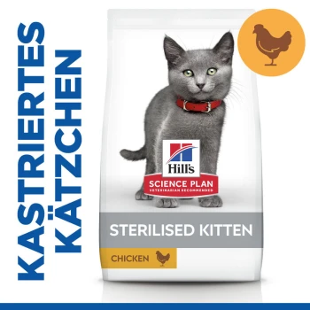 Hill's Science Plan Sterilised Kitten Futterbeutel mit einem grauen Kätzchen, beschriftet "Huhn" mit einem Hühnersymbol.