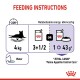 Feeding instructions for a 4 kg cat, showing options for wet and dry food portions, with a note on water and Royal Canin brand.