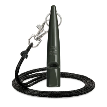 Schwarze ACME-Pfeife mit Halsband und Metallclip, hergestellt in England, verwendet für das Training von Haustieren.