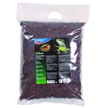 Eine klare Plastiktüte mit Kiefernrinde als Substrat für Reptilien, beschriftet mit 'TRIXIE Reptilaid Pinienrinde', mit Bildern einer Eidechse und eines Auges.