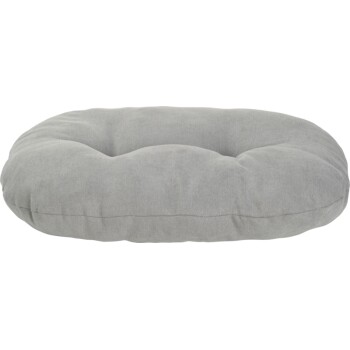 Panier pour animal ovale gris en peluche avec coussin capitonné, tissu doux et bords relevés pour le confort.