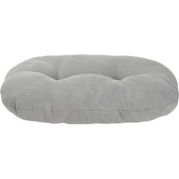 Panier pour animal ovale gris en peluche avec coussin capitonné, tissu doux et bords relevés pour le confort.