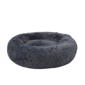 Rundes, plüschiges Haustierbett in einem weichen Dunkelgrau, mit flauschiger Textur und erhöhten Rändern für Komfort.