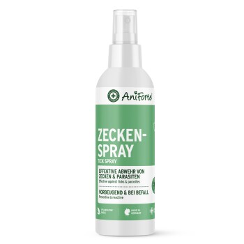 Flasche AniForte Zeckenspray für Hunde mit einem grünen Etikett auf Deutsch: "Effektiver Schutz gegen Zecken & Parasiten."
