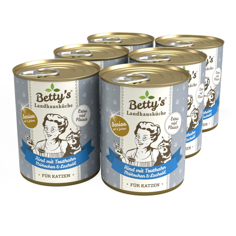 Betty's Landhausküche SENIOR Katze Rind mit Truthahn, Möhrchen & Lachsöl 6x400 g