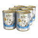 Sechs Dosen Betty's Landhausküche Katzenfutter, beschriftet mit "Senior ab 6 Jahre", mit Rind, Truthahn und Lachs, mit einem blauen Banddesign.