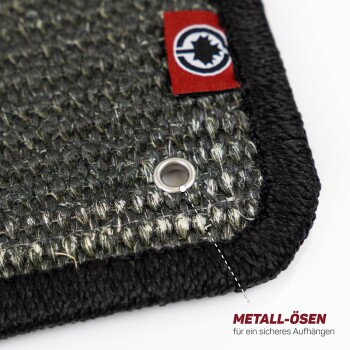 Nahaufnahme einer Tiermatte mit einem Metallösen zum Aufhängen, mit einem roten Etikett, das ein Logo und den Text "METALL-ÖSEN für ein sicheres Aufhängen" zeigt.