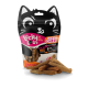 Eine Tüte Lucky Lou's Sticks Mix Haustierleckerlis mit einem verspielten Katzendesign, mit sichtbaren Geschmacksrichtungen: Huhn & Kaninchen, Huhn und Huhn & Forelle.