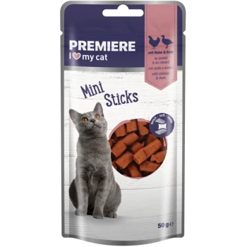 PREMIERE I love my cat Mini Sticks Katzensnacks mit Huhn und Ente, weiche Textur, 50g Packung mit grauem Katzenbild.
