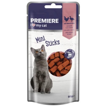 PREMIERE I love my cat Mini Sticks Katzensnacks mit Huhn und Ente, weiche Textur, 50g Packung mit grauem Katzenbild.