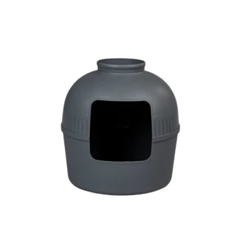 Graue Katzentoilette mit abgerundetem oberen Teil und offenem Frontzugang.