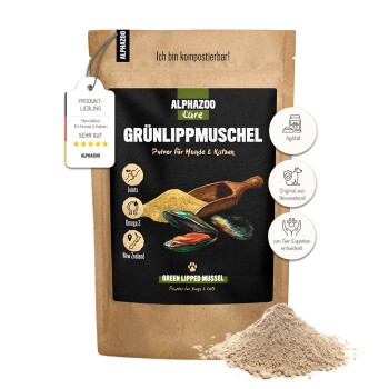 Verpackung von ALPHAZOO Care Grünlippmuschel, einem Pulver aus grünen Muscheln für Pferde, das Vorteile für die Gelenke und Omega-3 hervorhebt.