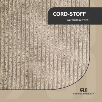 Beiger Cordstoff mit vertikalen Streifen, beschriftet mit "CORD-STOFF" und "wärmend & weich", mit einer abgerundeten Ecke und Logo.