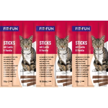 Cat food packaging featuring "FIT+FUN STICKS mit Lachs & Forelle" with images of a tabby cat and fish-shaped treats.