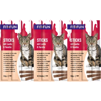 Cat food packaging featuring "FIT+FUN STICKS mit Lachs & Forelle" with images of a tabby cat and fish-shaped treats.