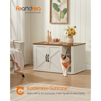 Ein schicker Katzenklo-Schrank in einem gemütlichen Wohnzimmer mit einer flauschigen Katze, Vasen und Blumen. Text: "Katzenklo-Schrank" und "Mehr Stil für Ihr Zuhause."